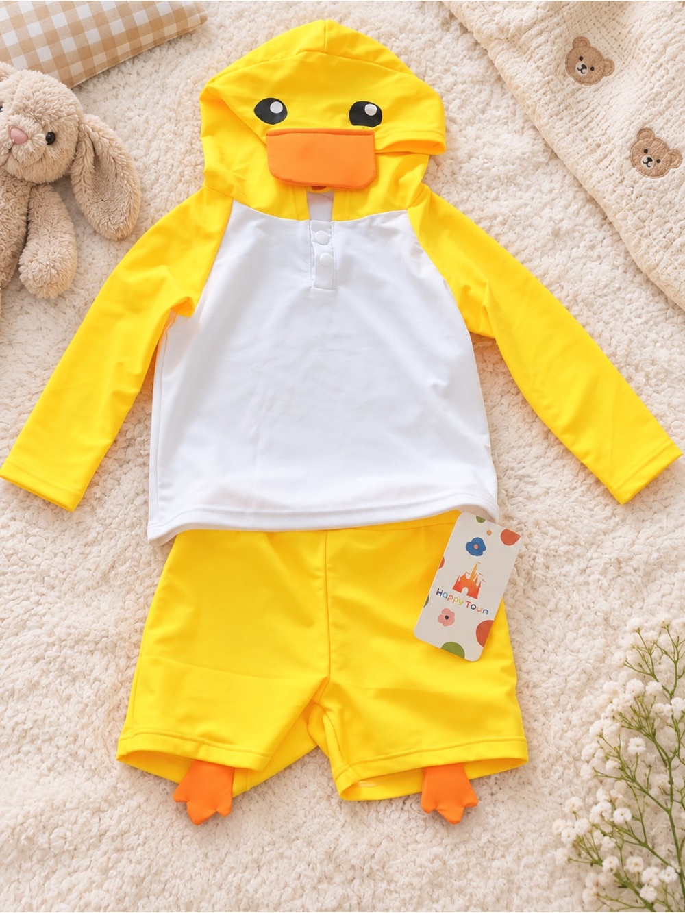 Cute Duck Kids Swim Set - Yellow & White Hooded Rash Guard